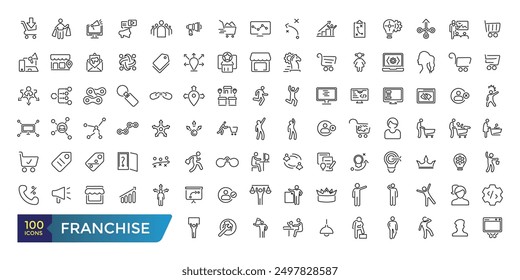 Franchise icon set. Franchisee, license, royalties, chain, shop, business model Icon. Collection and pack of linear web and ui icons. Editable stroke. Vector illustration.