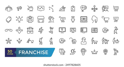 Franchise icon set. Franchisee, license, royalties, chain, shop, business model Icon. Collection and pack of linear web and ui icons. Editable stroke. Vector illustration.