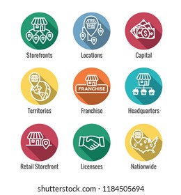 Franchise Icon Set with Home Office, corporate Headquarters - Franchisee Icon Images