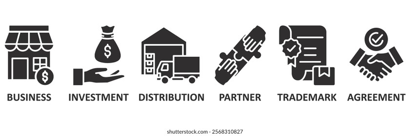 Franchise icon set illustration concept with icon of business, investment, distribution, partner, trademark, agreement	