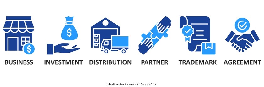 Franchise icon set illustration concept with icon of business, investment, distribution, partner, trademark, agreement	
