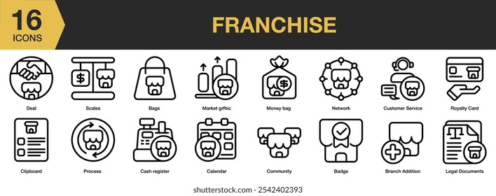 Franchise icon set. Includes badge, bags, branch addition, calendar, cash register, clipboard, and More. Outline icons vector collection.