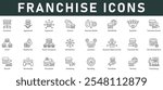 Franchise Icons vector illustration with thin line editable stroke contains agreement expansion license worldwide chain royalty fee distribution location site development growth partnership