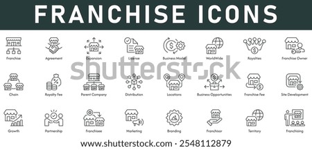 Franchise Icons vector illustration with thin line editable stroke contains agreement expansion license worldwide chain royalty fee distribution location site development growth partnership