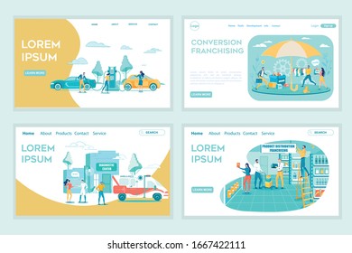 Franchise Idea for Business Development. Flat Landing Page Set Offer Franchising for Gas Station, Diagnostic Center and Ambulance Emergency Service, Product Distribution and Conversion Plan