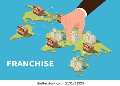 Franchise isometric composition big hand of business network manager or franchisee places his points of sale on the map vector illustration