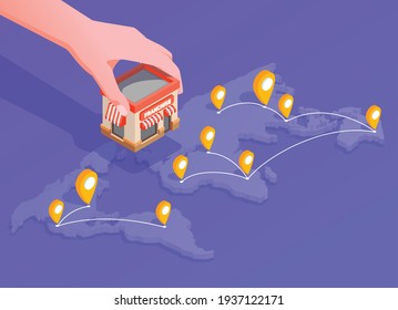 Franchise isometric composition with location and finance symbols vector illustration