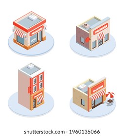 Franchise isometric concept icons set with building and brand symbols vector illustration
