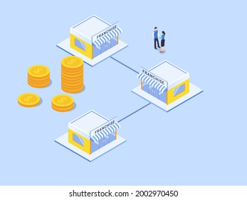 Franchise isometric vector concept. Business people talking about franchise store network development