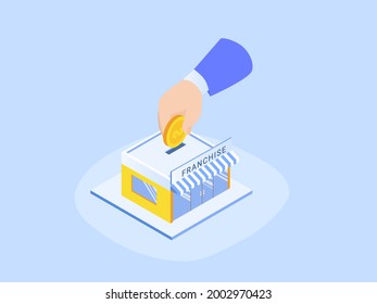 Franchise isometric vector concept. Businessman hand investing money in the franchise store