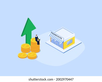 Franchise isometric vector concept. Success businessman sitting on the stack of coins with rise up arrow and franchise store