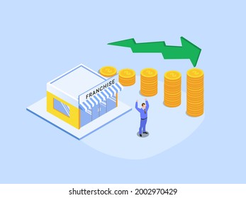 Franchise isometric vector concept. Successful businessman with franchise store and growing arrow over coins diagram