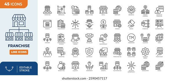 Franchise line editable icon set. Containing franchisee, expansion, license, franchisor, royalties, chain, shop, business model and more. Vector illustration