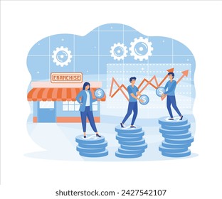 Franchise mACarketing system. People Start Franchise Small Enterprise, Company with Corporate Headquarter. Shop and Stacks of Money, Graph. flat vector modern illustration