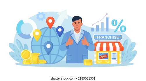 Franchise Marketing System. Man Starts Franchise Small Enterprise, Company with Corporate Headquarter. Expanding Brand Store Network on World Map. Businessman Increase Revenue, Profit with Franchising