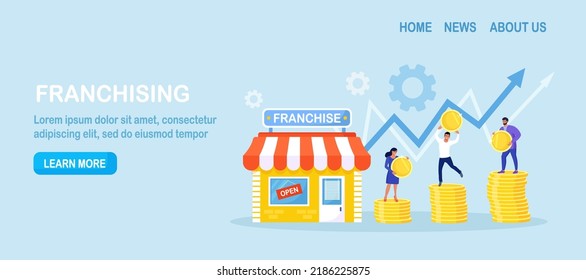 Franchise marketing system. People Start Franchise Small Enterprise, Company with Corporate Headquarter. Shop and Stacks of Money, Graph. Businessmen Increase Revenue, Profit with Franchising Business