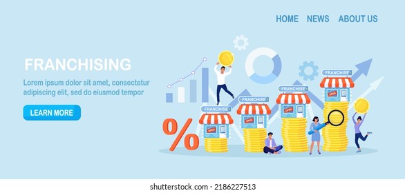 Franchise marketing system. People Start Franchise Small Enterprise, Company with Corporate Headquarter. Shops on Stacks of Money. Businessmen Increase Revenue, Profit with Franchising Business