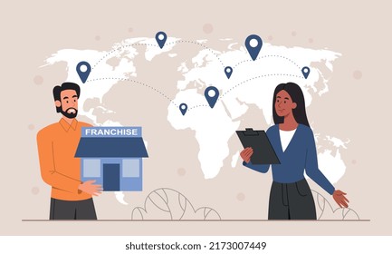 Franchise network concept. Man and girl evaluate countries or cities for opening new outlets. International trade, transportation and logistics. Multinational company. Cartoon flat vector illustration