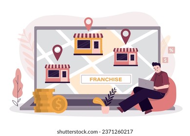 Franchise network development. Businessman investor search profitable franchise business for investment. Money in exchange for property rights. Purchase of an idea, copyrights and license. vector