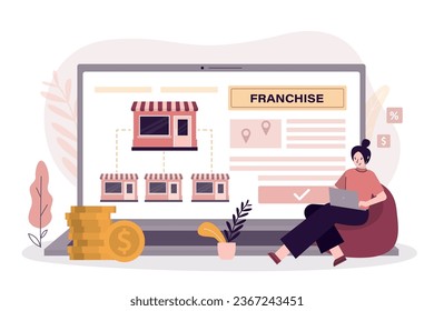 Franchise network development. Businesswoman investor search profitable franchise business for investment. Money in exchange for property rights. Purchase of an idea, copyrights and license. vector