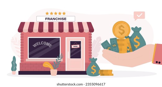 Franchise network development. Investor hand give money and buys store by agreement. Money in exchange for property rights. Purchase of an idea, copyrights and license. Profitable franchise business.