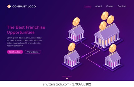 Franchise opportunities isometric landing page. Franchising business branch expansion, marketing system etherium cryptocurrency mining, Small enterprise with corporate headquarter 3d vector web banner