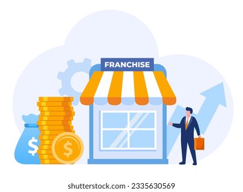 franquicia tienda, concepto de negocio, estrategia de puesta en marcha, expansión, trabajo en equipo y desarrollo, empresa, banner de ilustración de vector plano para sitio web