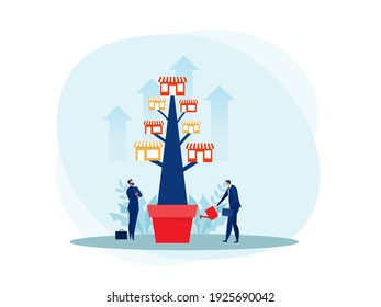 Franchise Shop  Business With Growth Tree.  Real Estate Business Promotional  SME Flat Vector Illustration.