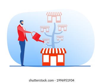 Franchise shop  business with growth tree.  Real estate business promotional  SME Flat vector illustration.