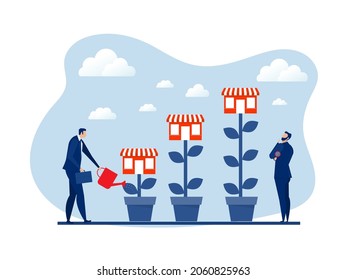 Franchise Shop,business With Growth Tree.Real Estate Business Promotional  SME Flat Vector Illustration.