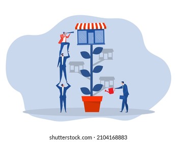 Franchise shop,business with growth tree.Real estate business promotional  SME Flat vector illustration.