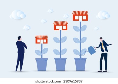 Franchise shop,business with growth tree.Real estate business promotional SME. vector illustration.