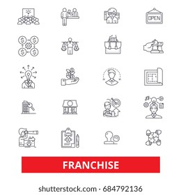 Franchise, small business, franchisor, business plan and idea line icons. Franchise outline signs set.  Small business icons with editable strokes. Franchisor logo. Business idea and plan symbol