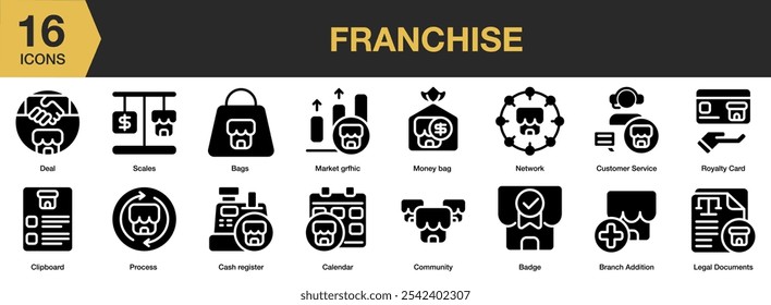 Franchise solid icon set. Includes badge, bags, branch addition, calendar, cash register, clipboard, and More. Solid icons vector collection.