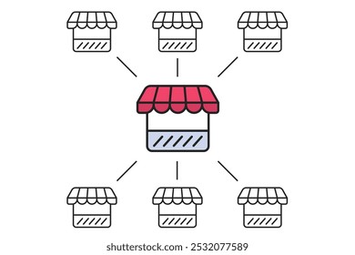 Franchise store business icon, marketplace multi vendor shops scheme model sign symbol graphic line stroke outline illustration, main ecommerce brand office, market commerce network image clip art