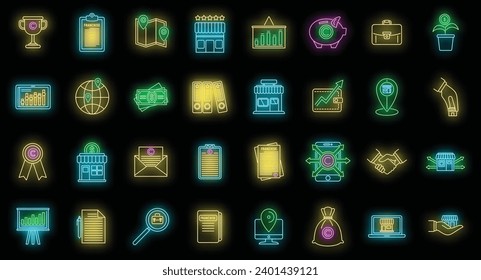 Franchise store icons set. Outline set of franchise store vector icons neon color on black