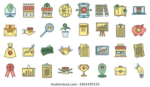 Franchise store icons set. Outline set of franchise store vector icons thin line color flat on white