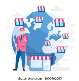 Franchise store on world globe. Franchise business. Businessman have business, Vector illustration for web banner, infographics, mobile.