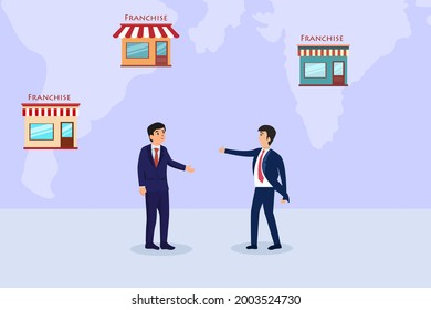 Franchise store vector concept. Businessmen discussing to expanding global franchise store business location