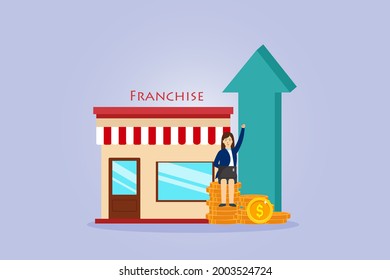 Franchise store vector concept. Success businesswoman sitting on money coins with store and growth up arrow background.