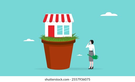 Franchising business branch expansion concept, turning the store into a franchise concept illustration with businesswoman brought a watering pot thinking about growing his shop into a franchise