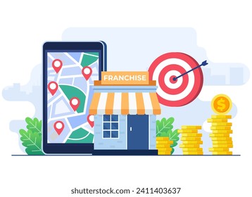 Franchising business branch expansion flat vector illustration concept, Small enterprise, company, shop, Service network, Retails store, suitable for ui, mobile apps, website banner, landing page