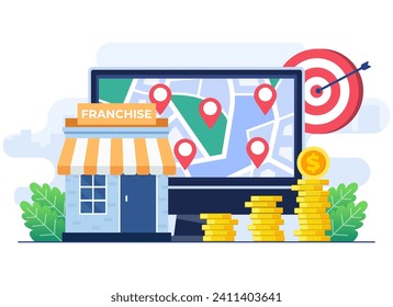 Franchising business branch expansion flat vector illustration concept, Small enterprise, company, shop, Service network, Retails store, suitable for ui, mobile apps, website banner, landing page