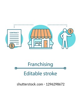 Franchising concept icon. Business development. Merchandising and retail. Idea thin line illustration. Vector isolated outline drawing. Editable stroke