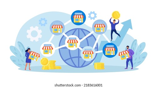 Franchising Concept. People Put Store On Huge Map. Businessmen Start Franchise Enterprise, Company Or Shop With Corporate Headquarter. Franchising Branch Expansion. Retail Store Or Service Network