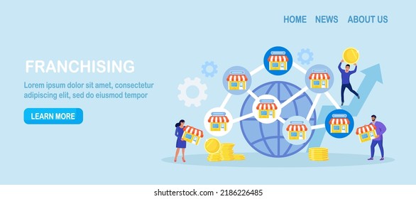 Franchising Concept. People Put Store On Huge Map. Businessmen Start Franchise Enterprise, Company Or Shop With Corporate Headquarter. Franchising Branch Expansion. Retail Store Or Service Network