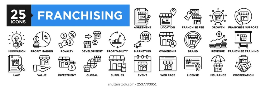 Sammlung von Franchisesymbolen. Enthaltend Design-Geschäft, Franchise, Marketing, Einzelhandel, Management, Geschäft, Investitionen