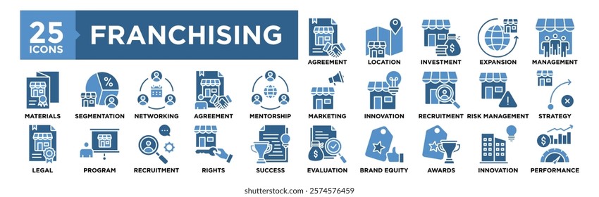 Franchising icon collection set. Containing design business, franchise, marketing, retail, management, store, investment	
