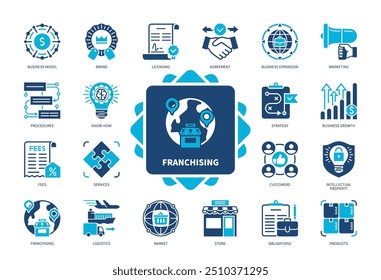 Conjunto de iconos de franquicia. Marca, Obtención de licencias, Acuerdo, Expansión de Negocio, Procedimientos, Tarifas, Clientes, Mercado. Iconos sólidos de color duotono