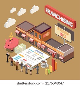 Franchising isometric background with business model of branch network finance profit and royalties icons vector illustration